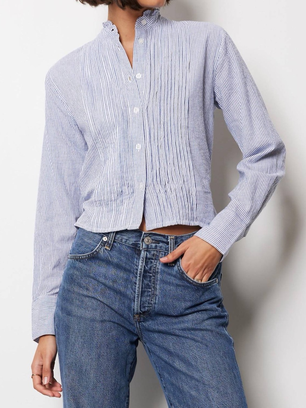 bobi Blue and White Pinstripe Ruffle Collar Button-Down Shirt